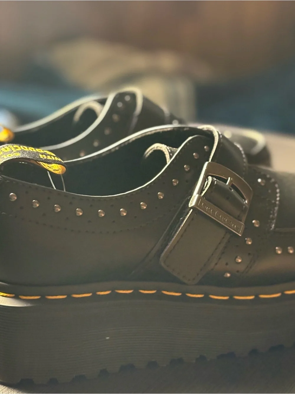 Dr. Martens Black Leather Monk Strap Platform Loafers with Yellow Stitching